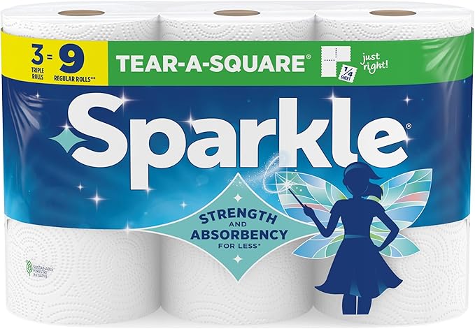 Sparkle Tear-A-Square Paper Towels, 3 Triple Rolls = 9 Regular Rolls, Strong by Sparkle%C2%AE