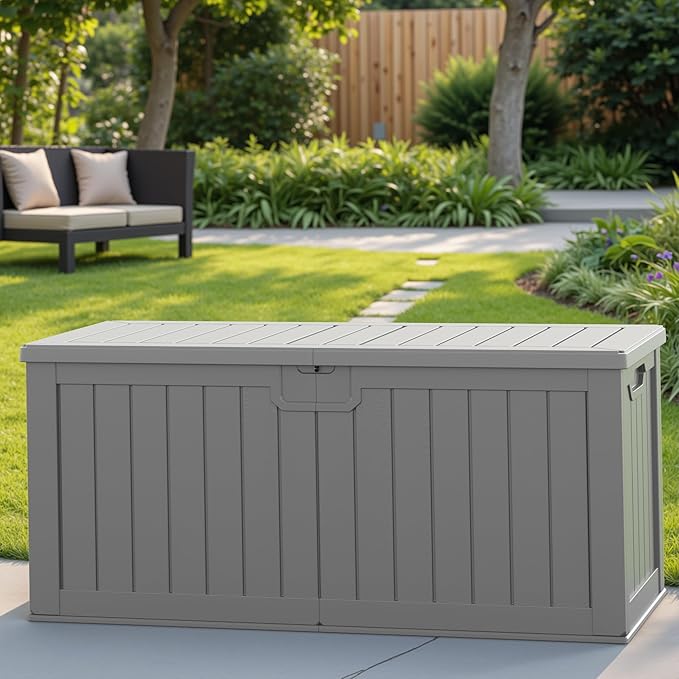 Patiowell 240 Gallon Large Outdoor Storage Box, Waterproof Deck Box with Fixed Divider, Lockable and Durable Patio Storage Solution for Patio Furniture and Garden Tools (Grey) - Image 6