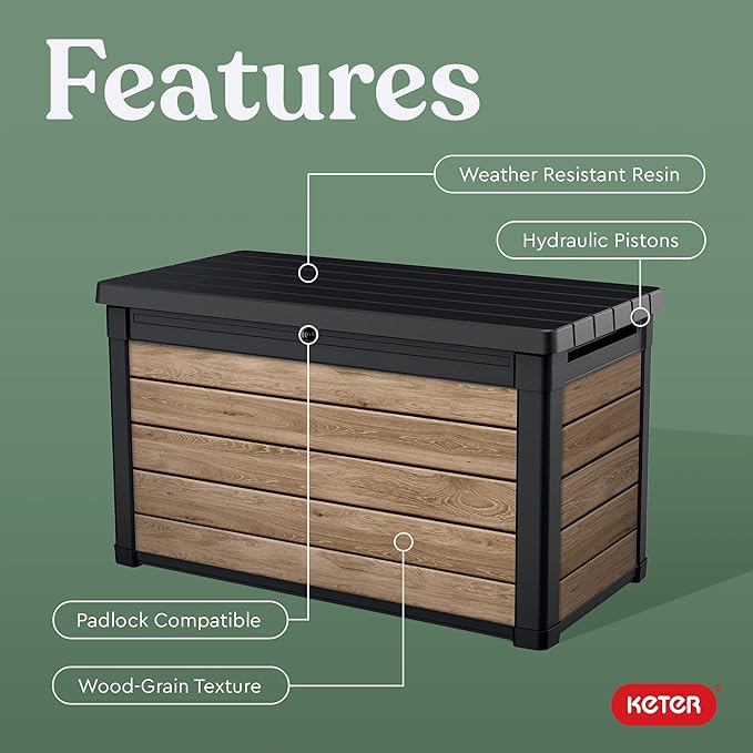 Keter Ashwood 100 Gallon Resin Deck Box Organization and Storage for Patio Furniture Outdoor Cushions, Throw Pillows, Garden Tools and Pool Toys, Brown - Image 4