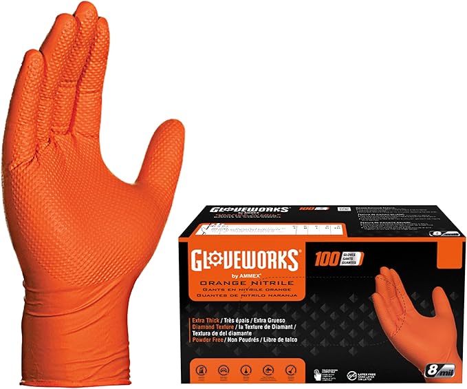 GLOVEWORKS 8 Mil Orange Nitrile Disposable Gloves Heavy Duty Industrial RDT by GLOVEWORKS