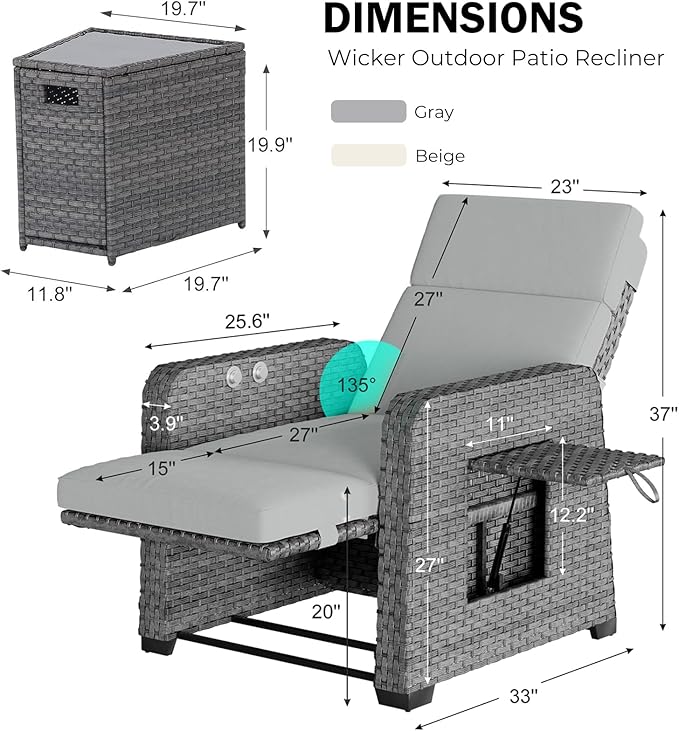 Restland Outdoor Recliner with Independent Adjustable Back & Footrest Wicker Patio Reclining Chair with Flip Table Comfortable Lounge Chair & Thick Cushion for Deck, Porch (3 Piece, Grey) - Image 2