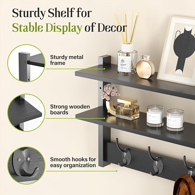 Two-Tier Wall Shelf with Hooks, Entryway Key Hooks - Image 3