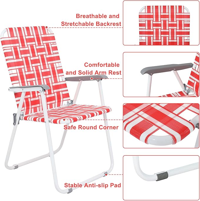VINGLI Patio Lawn Webbed Folding Chairs Set of 2, Outdoor Beach Chair Portable Dining Chair for Yard, Garden (Red, Classic) - Image 5