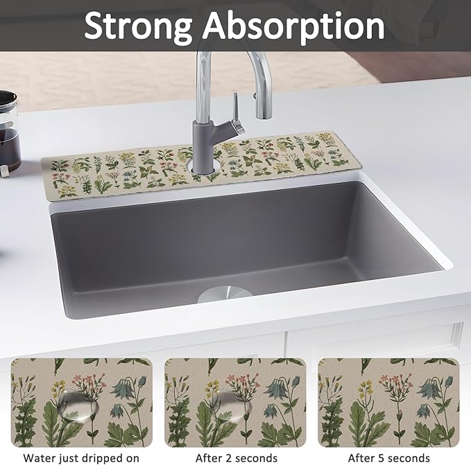 24" X 5.5" Kitchen Sink Splash Guard Faucet Mat Floral Super Absorbent Fast - Image 3