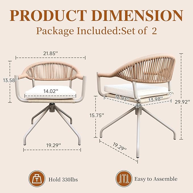 TWT Patio Dining Chairs Outdoor Stackable Dining Chairs for All Weather, Breathable Textilene Garden Outdoor Furniture for Backyard Deck (Brown, Rotatable Set of 2) - Image 3