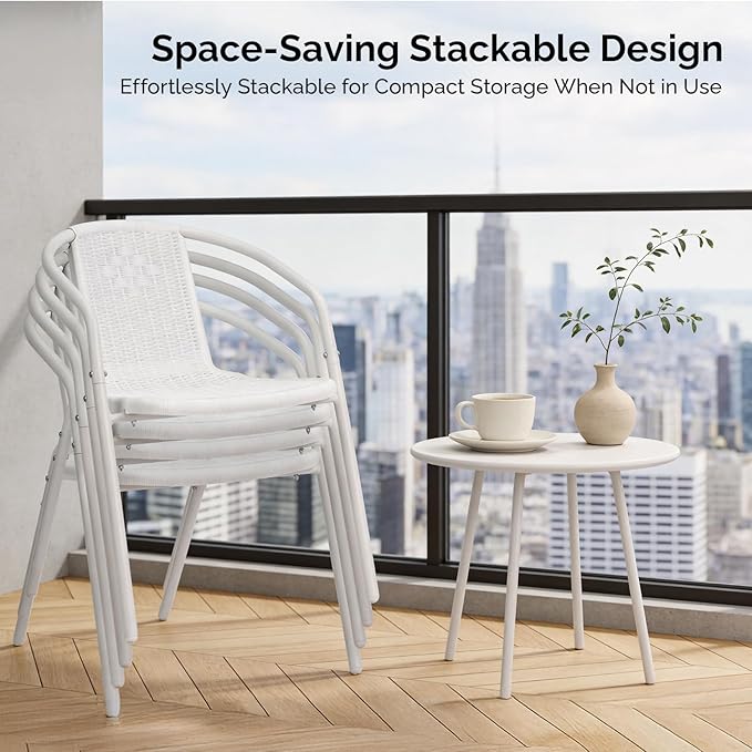 VINGLI PE Rattan Outdoor Dining Chairs Set of 2, Plastic Stackable Patio Chairs for Indoor, Porch, Restaurant, Garden, White - Image 4