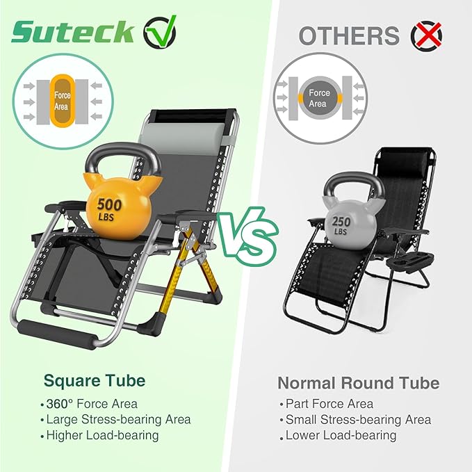 Suteck Oversized Zero Gravity Chair,33In XXL Outdoor Recliner Chair w/Removable Cushion&Headrest, Camping Lounge Chair w/Upgraded Lock&Footrest, Reclining Patio Chairs for Indoor Outdoor,500LBS - Image 6
