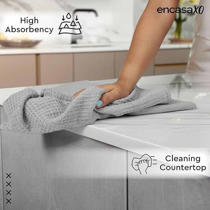 Encasa XO Kitchen Dish Towels Set | Light Grey | Waffle Weave and Flat Hand Tea - Image 2