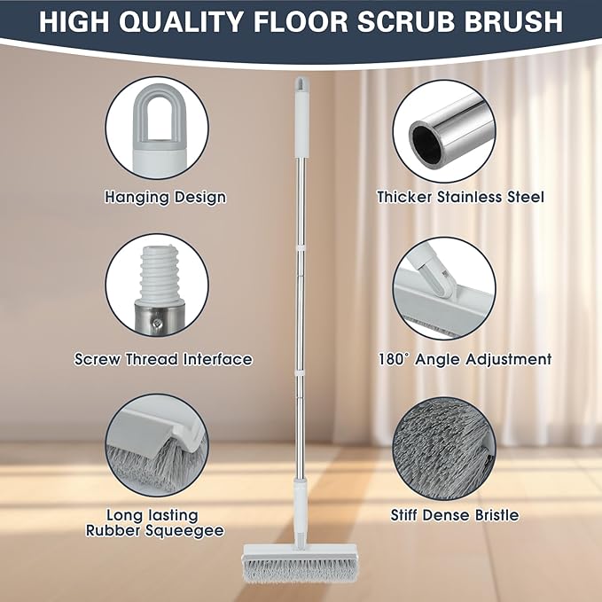 Floor Scrub Brush with Long Handle, 2 in 1 V-Shape Grout Brush with Squeegee + - Image 7
