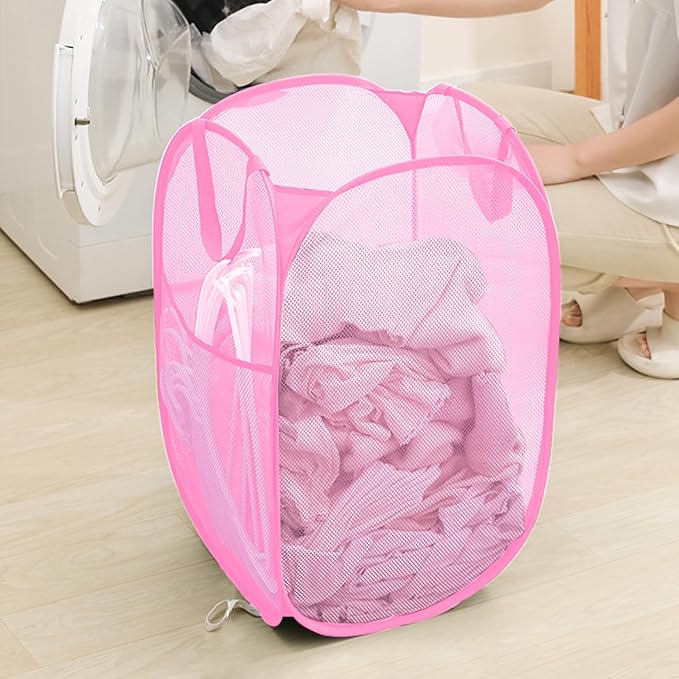 Portable Mesh Pop Up Laundry Hamper Pink Vertical Collapsible Laundry Basket - Image 6