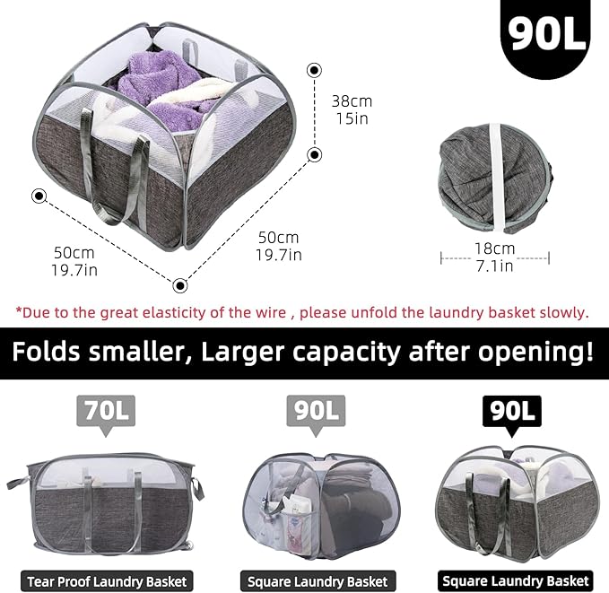 Collapsible Laundry Basket, 90L Foldable Pop-up Laundry Hamper - Image 2