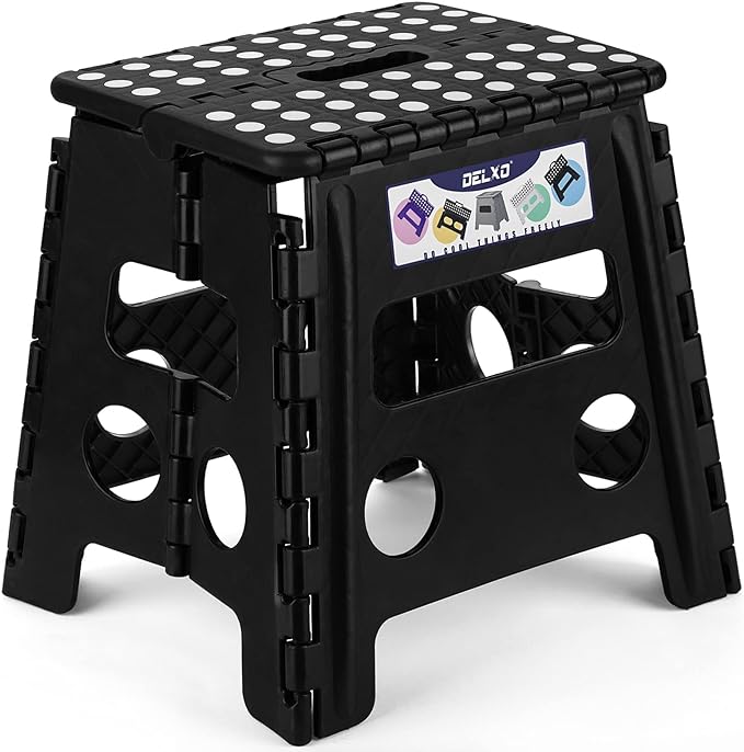 Delxo Folding Step Stool, 13 inch Non-Slip Foldable Stools Up to 300 LBS, Step Stool with Handle, Lightweight for Kitchen, Bathroom, Bedroom, Garden, Black, 1PC by Delxo