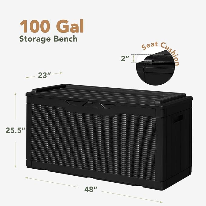 Flamaker Deck Box with Cushion 100 Gallon Waterproof Resin Storage Box with Air Rod Indoor Outdoor Lockable Storage Bench for Patio Furniture, Tools, Pool Accessories (Black) - Image 6
