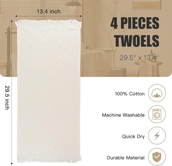 Boho Bathroom Decor Hand Towel 4 Pack 100% Turkish Cotton 14 x 30 Inch Boho - Image 2
