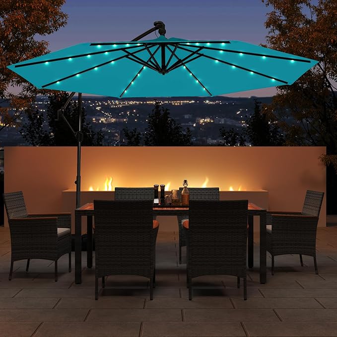 Tangkula 10ft Solar LED Patio Umbrella with Base, Offset Cantilever Outdoor Umbrella with 32 LED Lights, Infinite Tilt, 360 Degree Rotation, Crank Handle for Pool Deck Garden Backyard (Turquoise) - Image 2