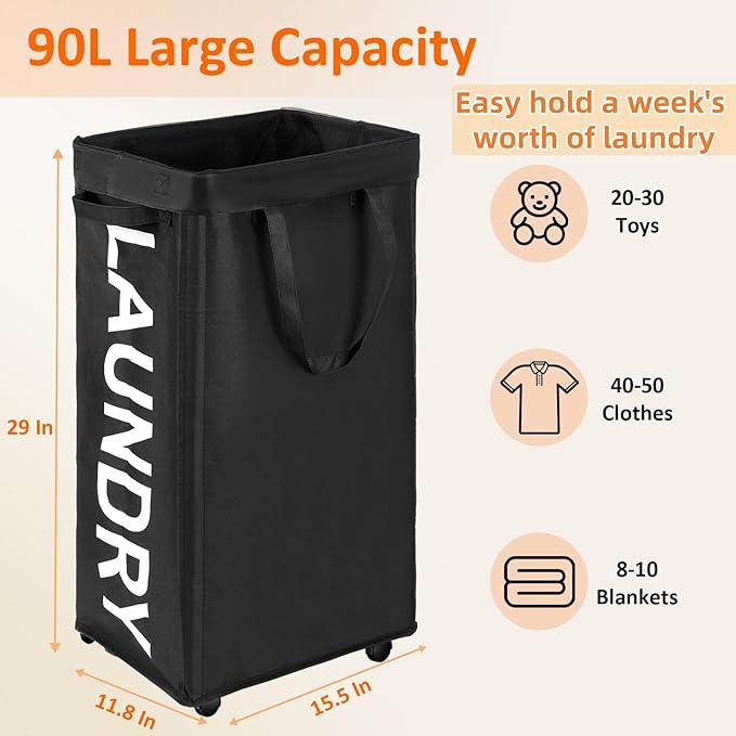 Laundry Basket with Wheels, 90L Rolling Laundry Hamper with Wheels, Large - Image 2