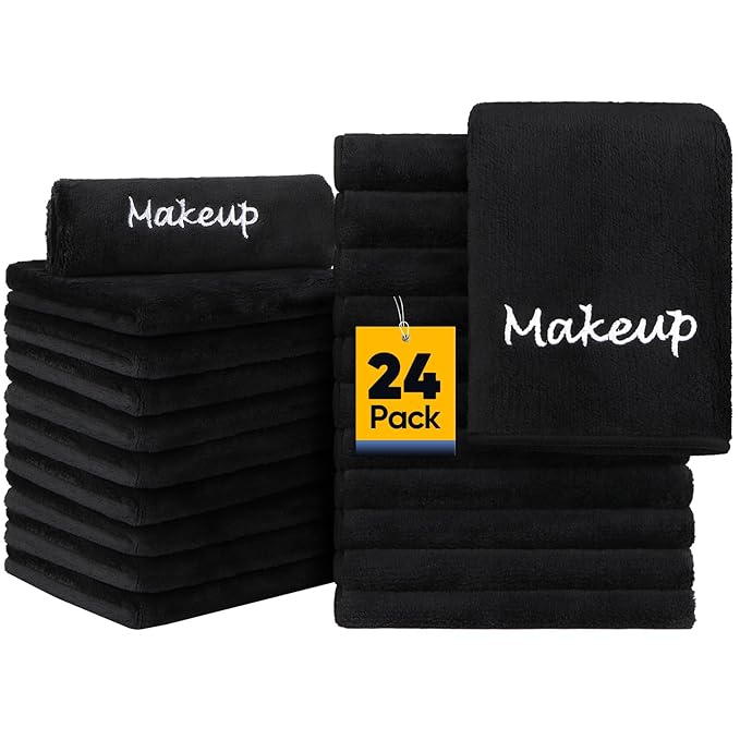 Makeup Remover Cloth, 24 Pack Black Facial Wash Cloths, Soft Coral Fleece by Unimade