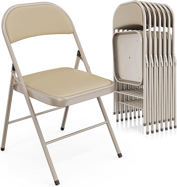 VINGLI 8 Pack Folding Chairs with Padded Seats, Metal Frame with Pu Leather Seat & Back, Capacity 350 lbs, Set of 8, Khaki by VINGLI