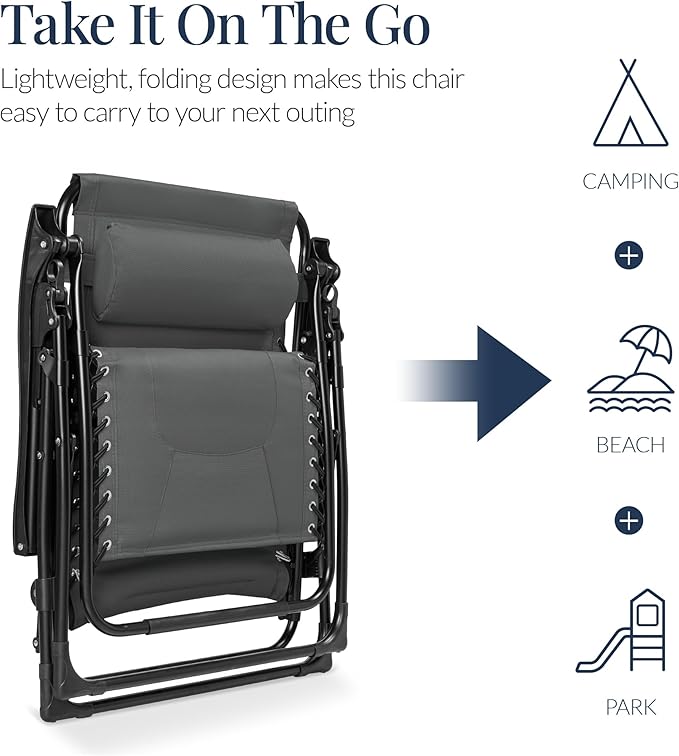 Best Choice Products Oversized Padded Zero Gravity Chair, Folding Outdoor Patio Recliner, XL Anti Gravity Lounger for Backyard w/Headrest, Cup Holder, Side Tray, Polyester Mesh - Gray - Image 5