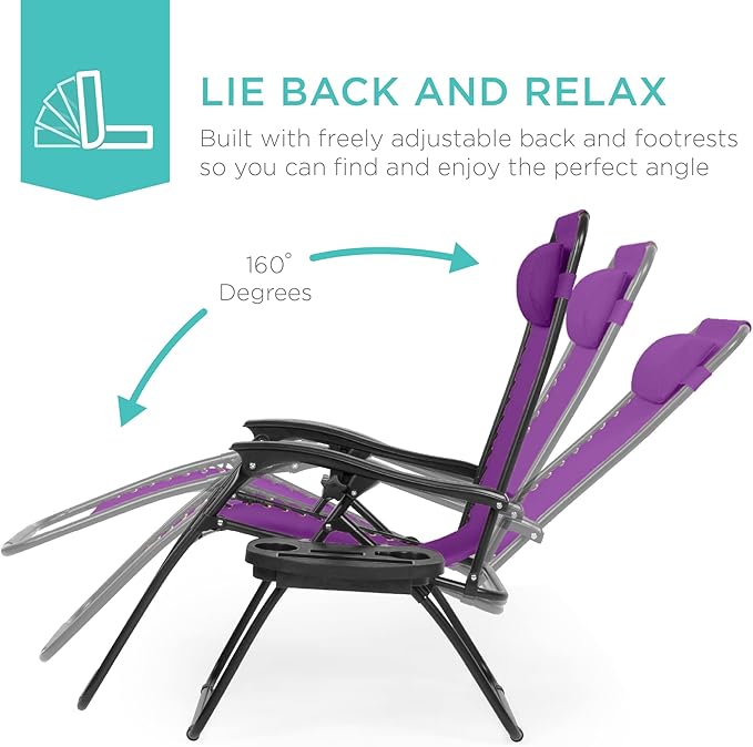 Best Choice Products Set of 2 Adjustable Steel Mesh Zero Gravity Lounge Chair Recliners w/Pillows and Cup Holder Trays - Amethyst Purple - Image 4