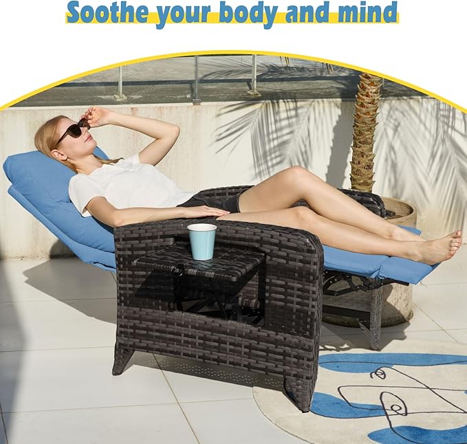Upgraded Outdoor Recliner Chair, Reclining Patio Chairs with Adjustable Back up to 150°Lay Flat and Extended Footrest, Wicker Recliner Chairs with Flip Table and Removable Olefin Cushion - Image 6