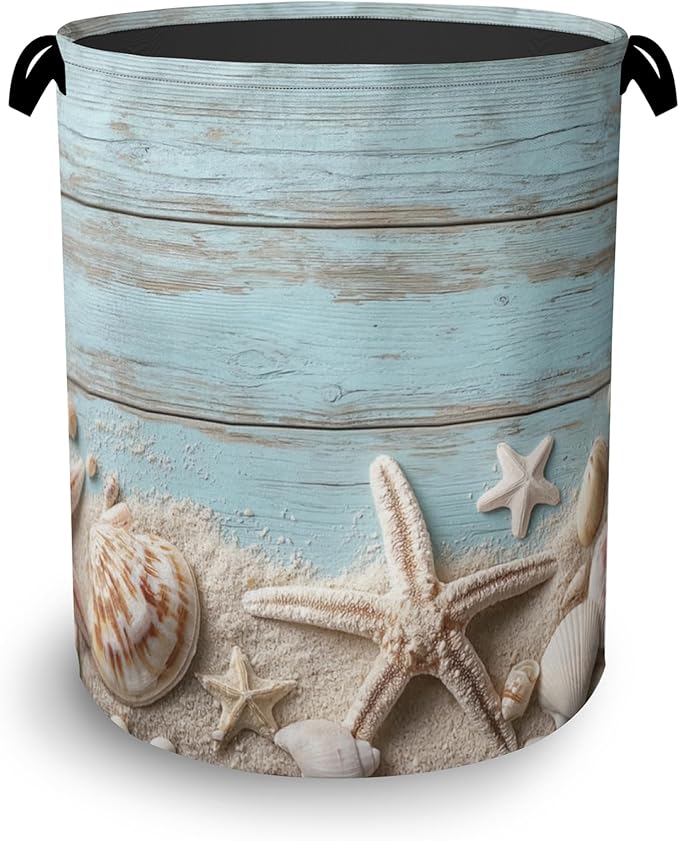 Starfish Seashell Laundry Basket, Vintage Wooden Oxford Cloth Laundry Hamper by Unknown