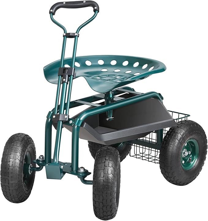 VEVOR Garden Cart Rolling Workseat with Wheels, Gardening Stool for Planting, 360 Degree Swivel Seat, Wagon Scooter with Steering Handle & Utility Tool Tray, Use for Patio, Yard, and Outdoors, Green - Image 10