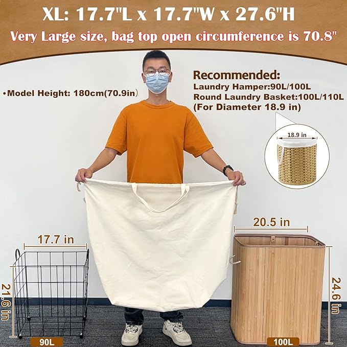 Canvas Laundry Bags with Handles & Square Base18"Lx18"Wx27.6"H, Extra Large - Image 2