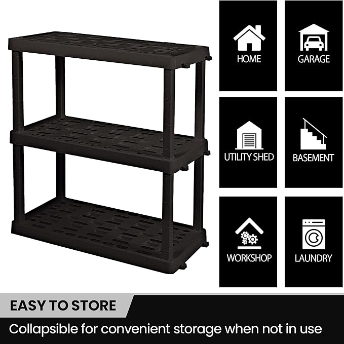 Oskar Heavy Duty Plastic Storage Shelves- for Garage, Kitchen, Bathroom Basement Kids Room, Stackable 3-Tier Black Organizer Rack for Books Shoes, Toys, Pantry, Cleaning and Closet Organization - Image 6
