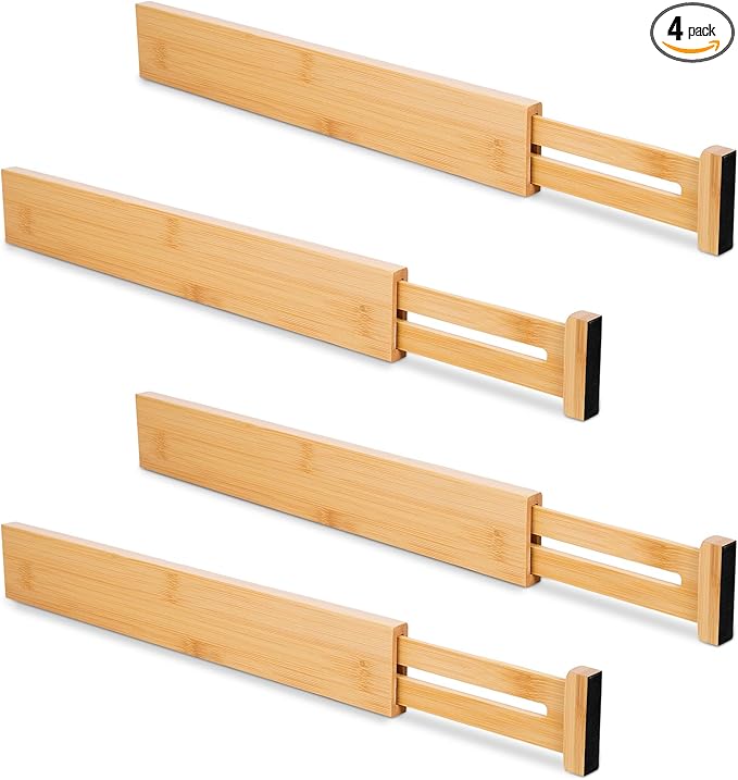 Bamboo Drawer Dividers 4 Pack, 16.4"-21.5" Expandable Drawer Organizer by BAMBITION