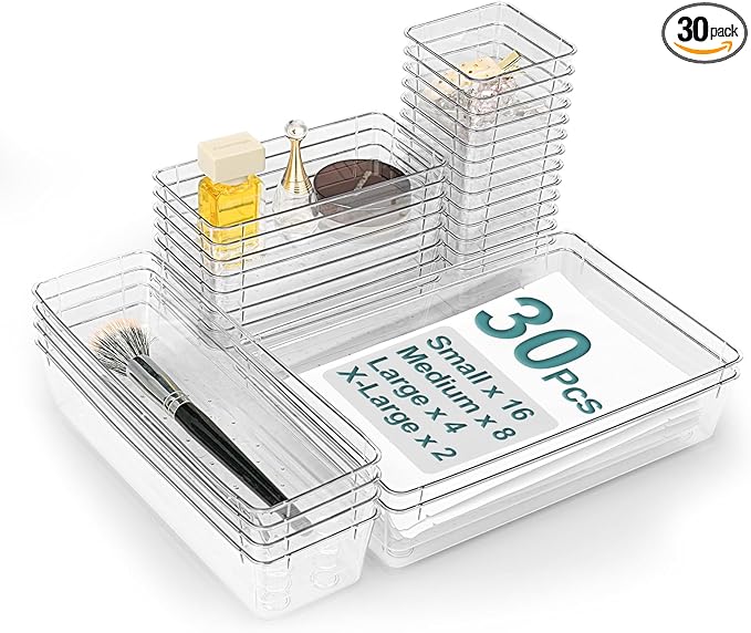 30Pcs Clear Plastic Drawer Organizers Set, 4size makeup drawer organizer trays by VEXTHYXOfficial