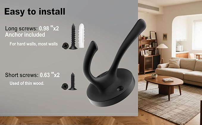 Matte Black Wall Hooks, 4 Pack Heavy Duty Coat Towel Hook Metal Double Backpack - Image 4