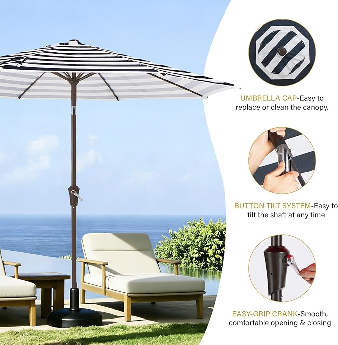 MEWAY 9ft Patio Umbrella Outdoor Table Umbrellas with Push Button Tilt and Crank, Market Umbrella 8 Sturdy Ribs for Deck, Garden, Pool and Backyard, Black-white-striped - Image 6