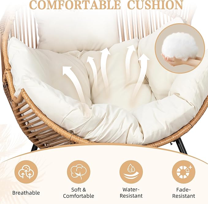 Vongrasig Wicker Rocking Egg Chair PE Rattan with Cushion, Oversized Patio Lounge Rocker Chair for Outdoor, Indoor, Livingroom, Backyard, Garden (Beige) - Image 5