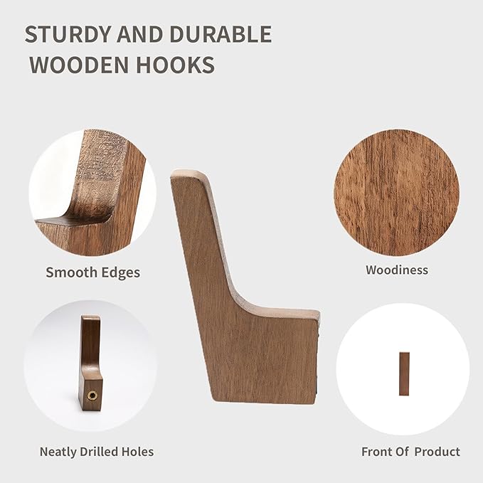 6 Pack Walnut Wood Wall Hooks – Handcrafted Solid Wood Hooks - Image 4