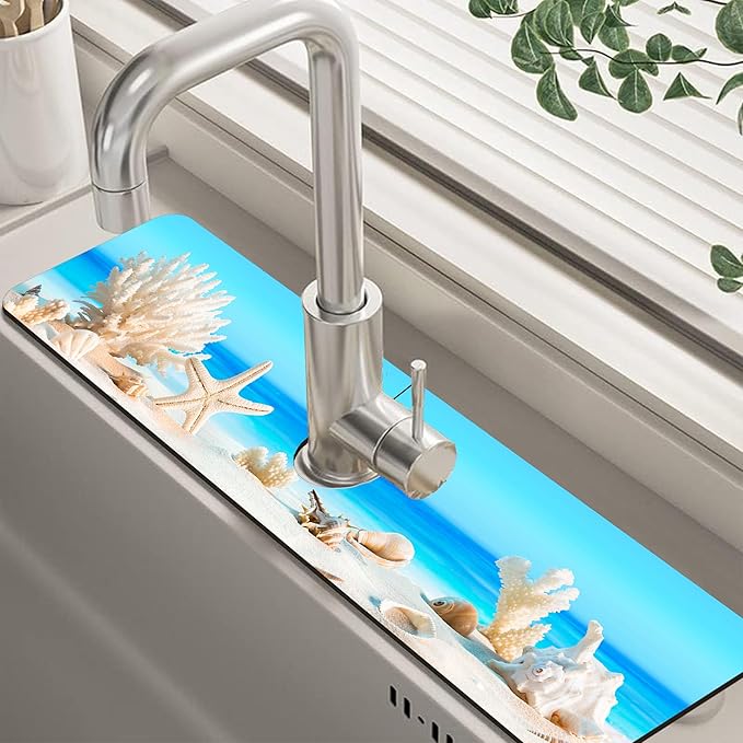 Tropical Beach Seashells Kitchen Sink Splash Guard Absorbent Fast Drying Mat by Unknown