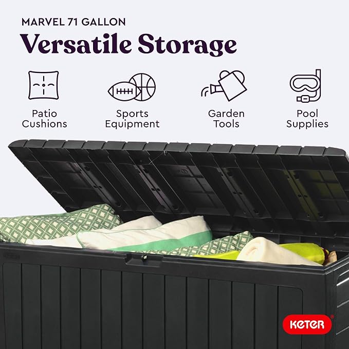 Keter Marvel Plus 71 Gallon Resin Outdoor Storage Box for Patio, Balcony & Garden – Weather‑Resistant Deck Box for Cushions, Pillows, Pool Floats & Tools, Dark Grey - Image 4