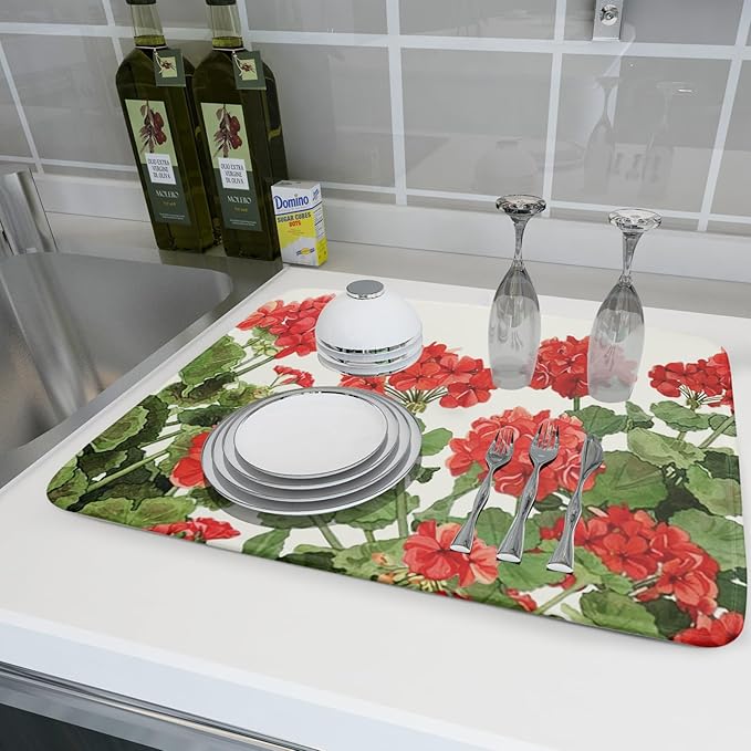 Spring Dish Drying Mat for Kitchen Counter Geranium Summer Floral Absorbent - Image 6