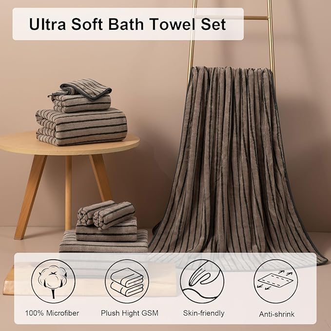 Oliven 4 Piece Brown Cabana Stripe Large Bath Towels Oversized Bath Sheet Super - Image 2