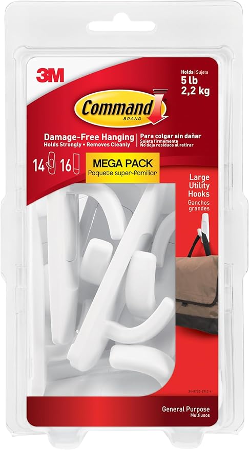 Command 5 lb Large Utility Hooks, 14 Hooks and 16 Strips, Damage-Free Hanging by Command