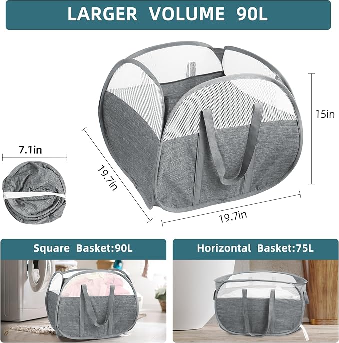 2 Pack Collapsible Laundry Baskets, 90L Large Foldable Laundry Basket, Pop Up - Image 4