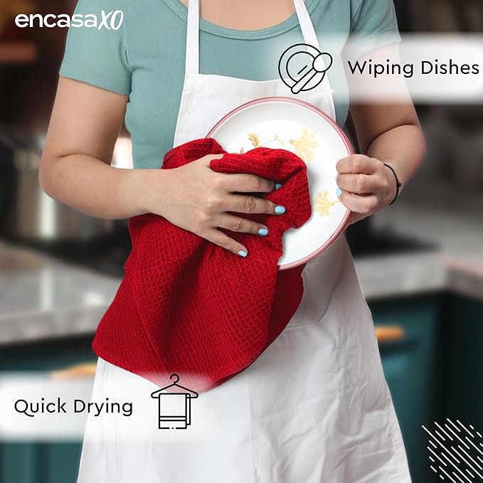 Encasa XO Kitchen Dish Towels Set | Red | Waffle Weave and Flat Hand Tea Towel - Image 5