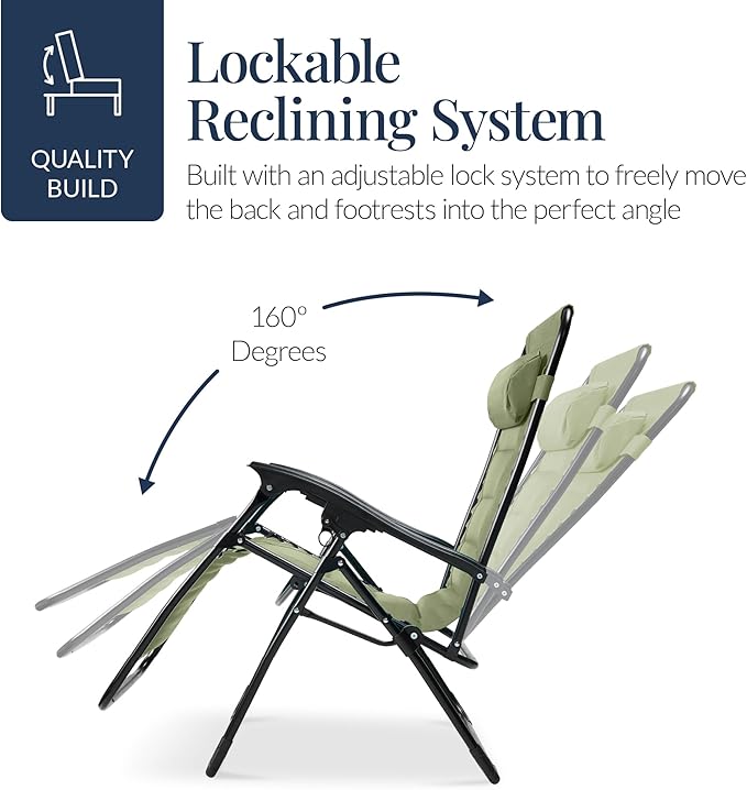 Best Choice Products Oversized Padded Zero Gravity Chair, Folding Outdoor Patio Recliner, XL Anti Gravity Lounger for Backyard w/Headrest, Cup Holder, Side Tray, Polyester Mesh - Sage Green - Image 7