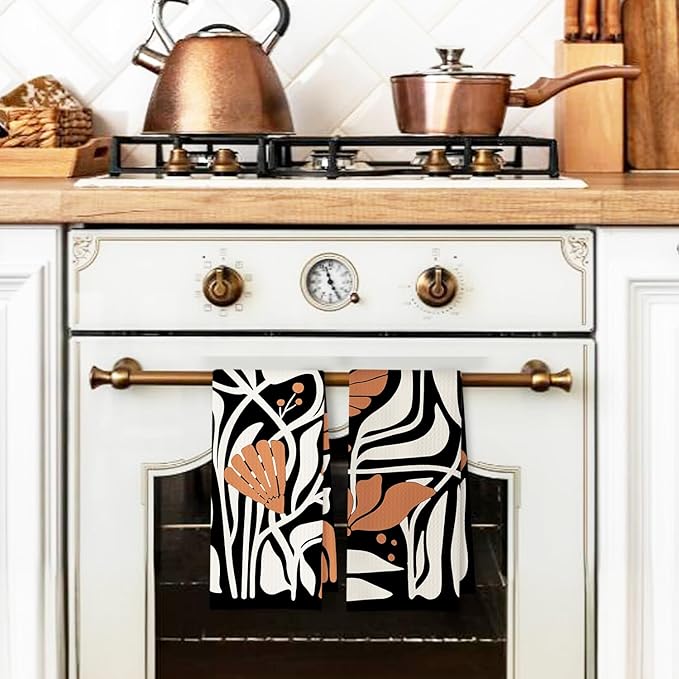 Abstract Boho Black and Beige Brown Floral Kitchen Towels Set of 2, 70s Retro - Image 3