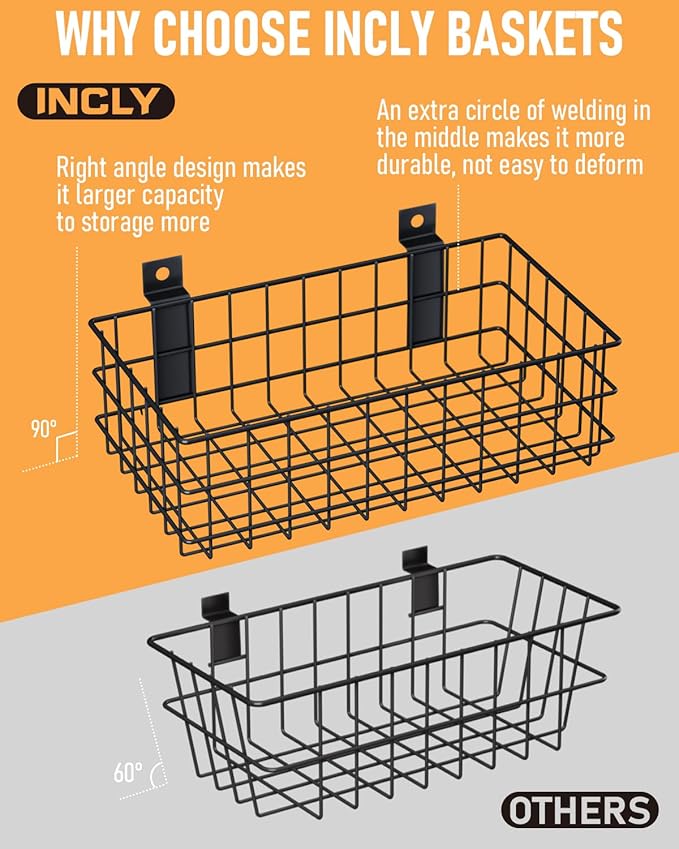 INCLY 4 Pack Black Slatwall Baskets Set, Ventilated Metal Hanging Storage Slat - Image 2
