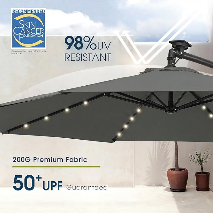 wikiwiki 10ft Solar LED Patio Umbrella with Base Included, Offset Umbrella with Weighted Sandbag Base, Cantilever Patio Umbrella for Backyard, Garden & Deck, 32 LED Lights & Polyester Shade, Dark Gray - Image 4
