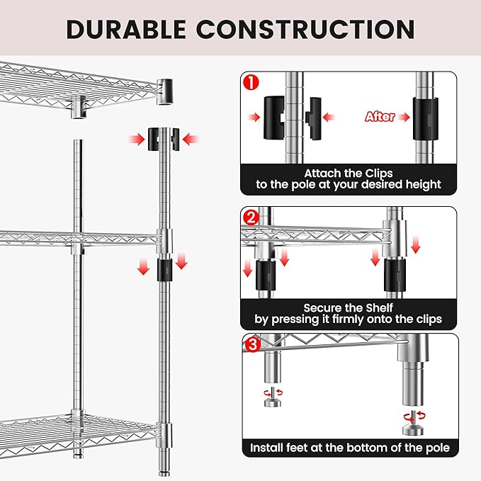 Xcity Storage Shelves, 3 Tier Heavy Duty Metal Shelving Unit with Wheels, 1050 LBS Capacity Adjustable Steel Wire Shelf Organizer for Pantry, Kitchen, Garage, 14" D x 24" W x 30" H, Chrome - Image 6