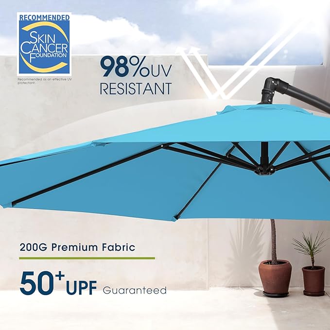 wikiwiki 10ft Patio Umbrella with Base Included, Outdoor Offset Cantilever Umbrella with Sandbag Base for Backyard, Garden and Pool, Easy to Tilt and Crank, Sky Blue - Image 3