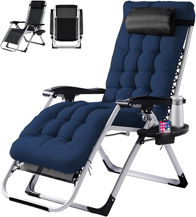 VINGLI Padded Zero Gravity Chair, Lounge Chair with Removable Cushion & Tray， Folding Reclining Patio Chairs， Recliner Chair for Lawn，Indoor and Outdoor-Blue by VINGLI