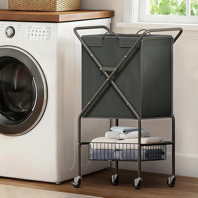 Laundry Basket with Wheels:88L Rolling Laundry Cart Foldable Metal Frame Dirty by MIBOIM
